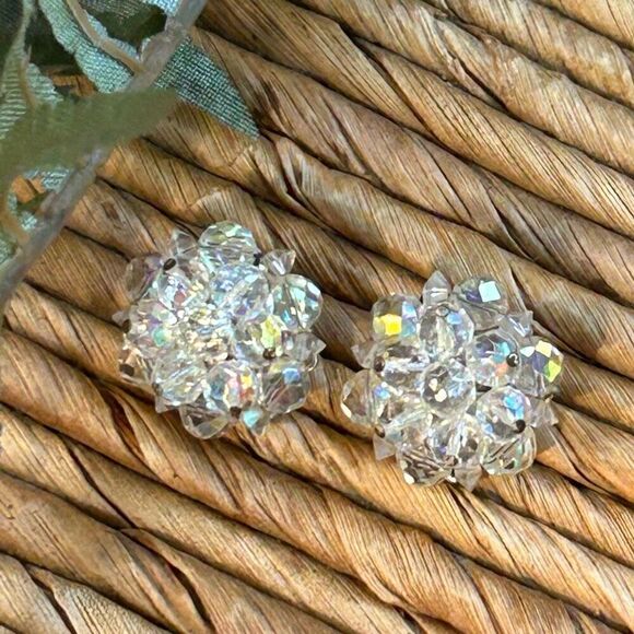 Vintage AB Rhinestones Clip-On Earrings Clear Aurora Borealis Silver-tone Round - Picture 2 of 8